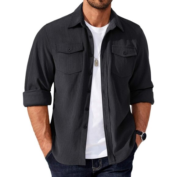 Coofandy Men Dark Gray Corduroy Button Down Lightweight Jacket with Flap Pockets - Picture 1 of 5